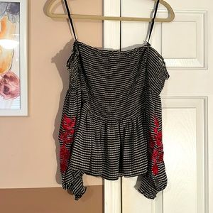 Flirty Off Shoulder Top with Embroidered Sleeve Design
